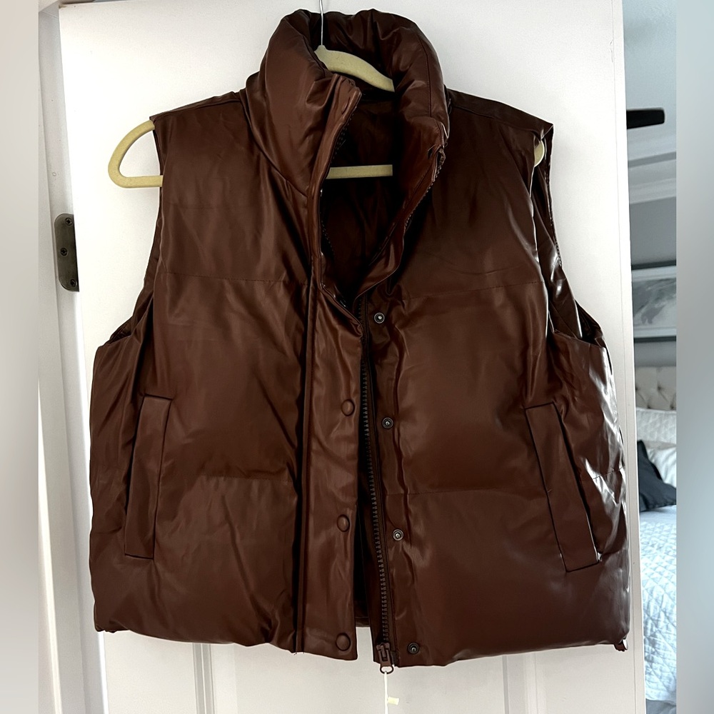 NWT brown faux leather puffer vest